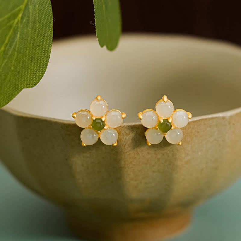 KarmaRipple's 925 Sterling Silver Hetian Jade Fortune Flower Stud Earrings p11