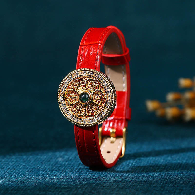 KarmaRipple's Six True Words Eight Treasures Compass Jade 24K Gold Plated Fortune Leather Bracelet p10