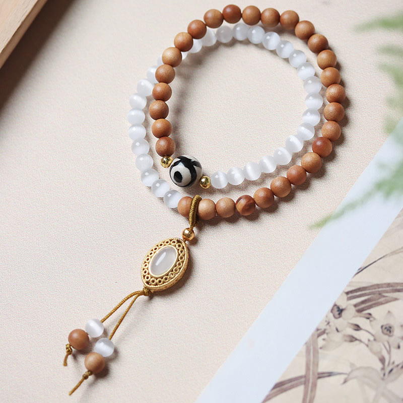KarmaRipple's Sandalwood Cat's Eye Three-eyed Dzi Bead Gemstone Protectioin Bracelet p13