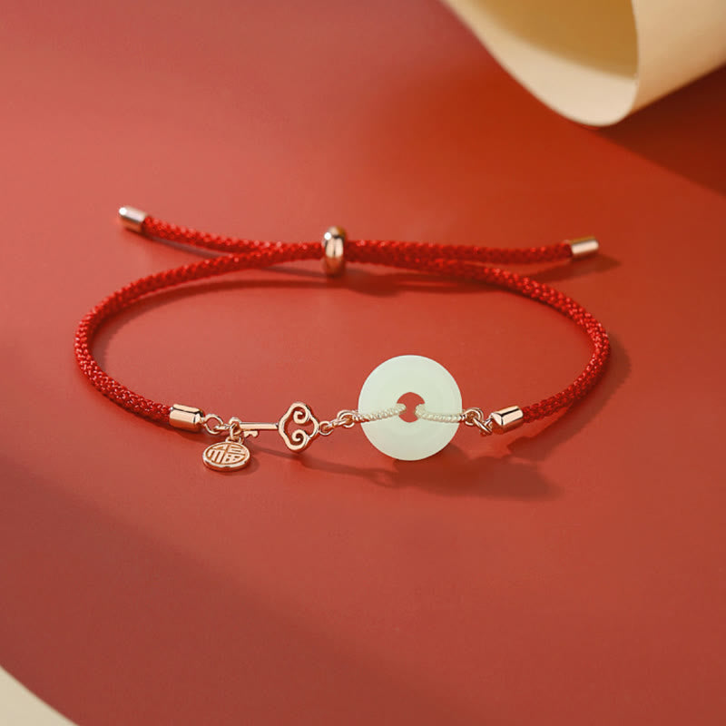 KarmaRipple's Authentic Hetian Jade Peace Buckle 925 Sterling Silver Red String Fu Character Protection Fortune Bracelet p15