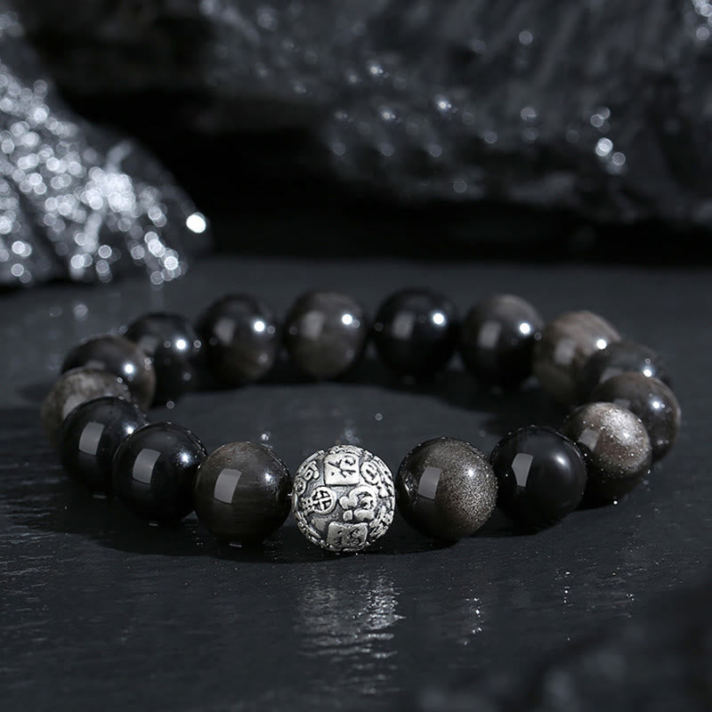 KarmaRipple's Black Obsidian 999 Sterling Silver Purification Fu Character Transformation Bracelet p11