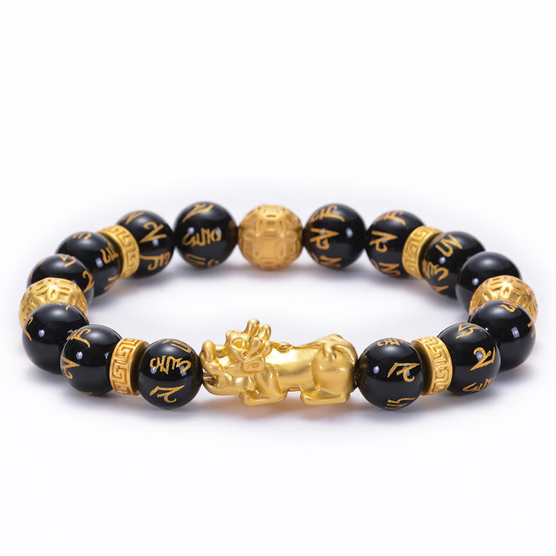 KarmaRipple's Black Obsidian Black Onyx Alloy PiXiu Om Mani Padme Hum Strength Bracelet p13