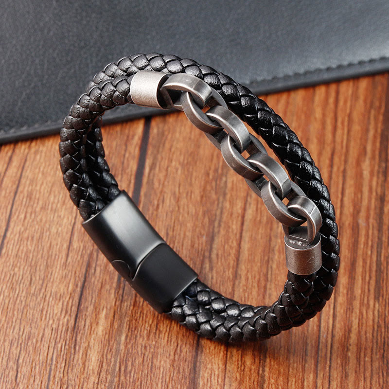 KarmaRipple's Chain Design Titanium Steel Balance Leather Woven Buckle Bracelet p15