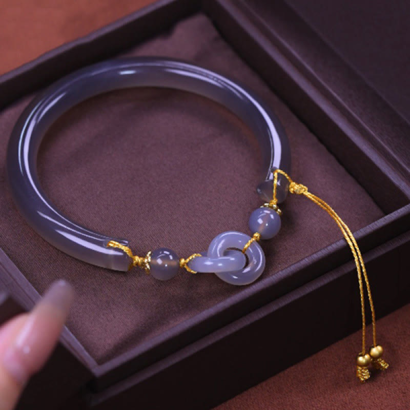 KarmaRipple's Gray Agate Bronze Hook Peace Cuff Half Bracelet Bangle p5