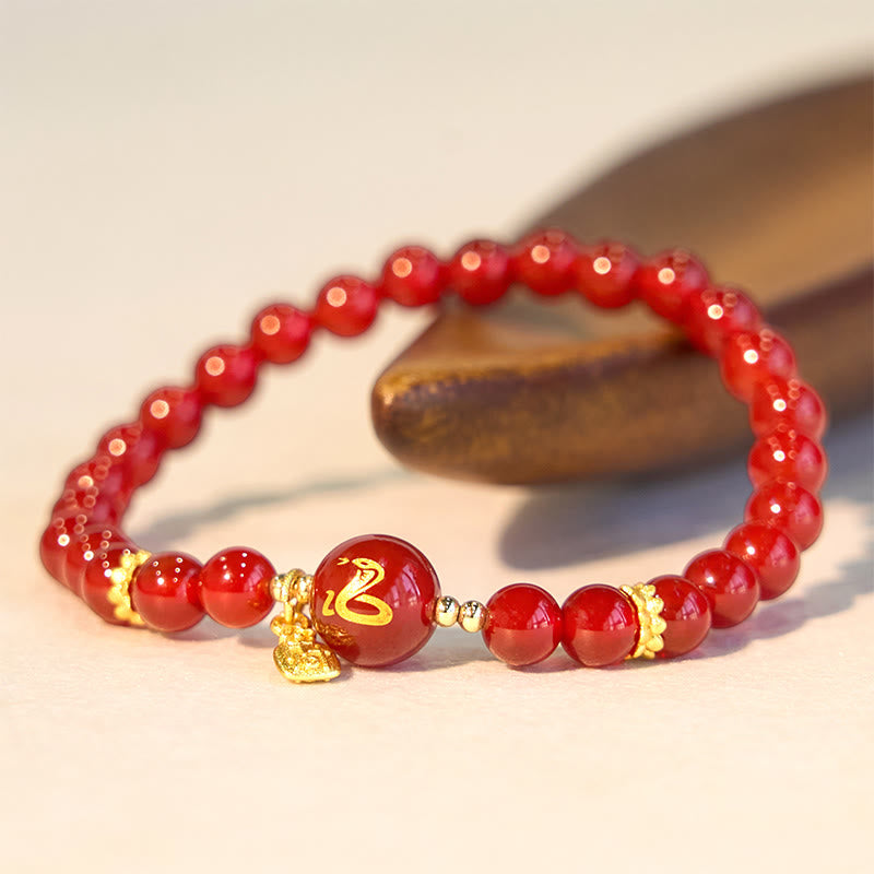 KarmaRipple's Red Agate Gold Plated Bronze Year Of The Snake Happiness Bracelet p11