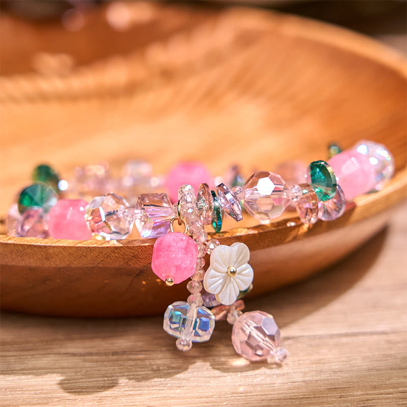 KarmaRipple's Pink Gemstone Green Gemstone Ivory Gemstone Flower Warmth Bracelet p23