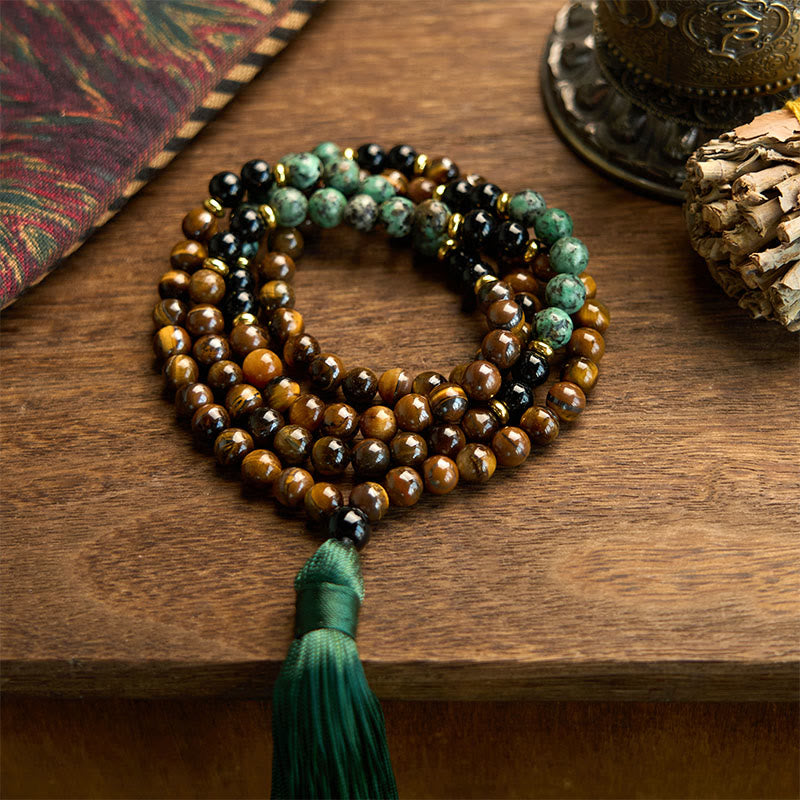 KarmaRipple's 108 Mala Authentic Stone Tiger Eye Turquoise Beadwork Tassel Protection Bracelet p8