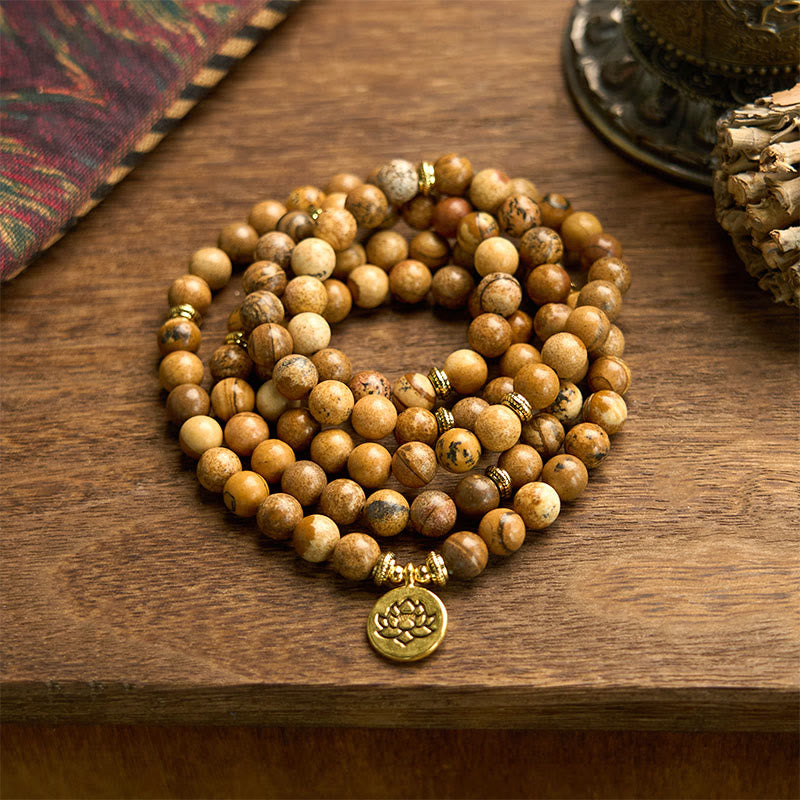 KarmaRipple's 108 Beadwork Picture Jasper Mala Lotus Courage Bracelet p10