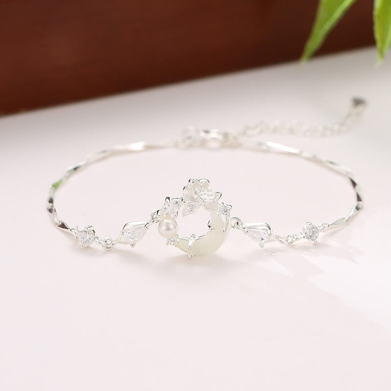 KarmaRipple's Hetian Jade 925 Sterling Silver Cubic Zirconia Pearl Lotus Bracelet p9
