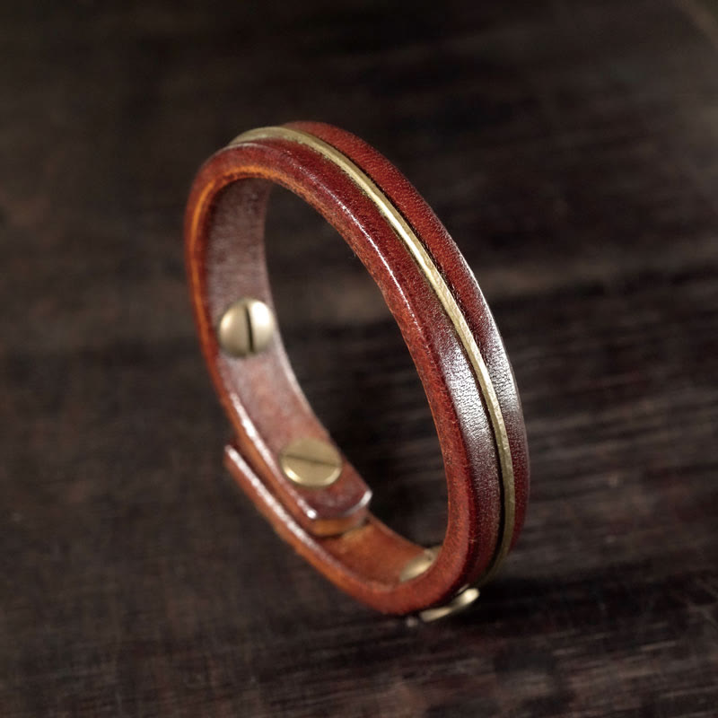 KarmaRipple's Vintage Leather Bronze Brass Wire Balancing Bangle Bracelet p22
