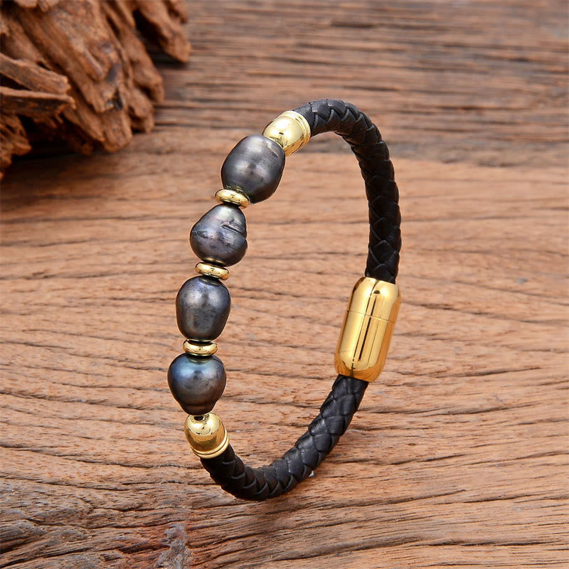 KarmaRipple's Handmade Irregular Shaped Pearls Balancing Leather Titanium Steel Buckle Bracelet p11