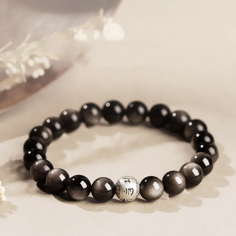 KarmaRipple's Authentic Silver Sheen Obsidian Om Mani Padme Hum Protection Bracelet p21