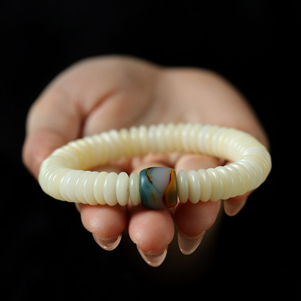 KarmaRipple's Authentic Ivory Bodhi Seed Stone'sdom Tassel Wrist Mala Bracelet p4