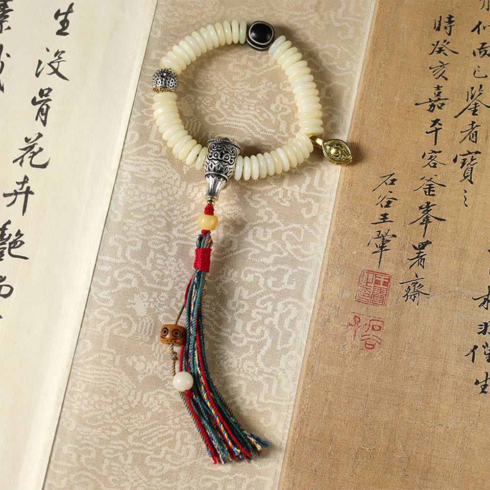 KarmaRipple's Authentic Ivory Bodhi Seed Stone'sdom Tassel Wrist Mala Bracelet p10