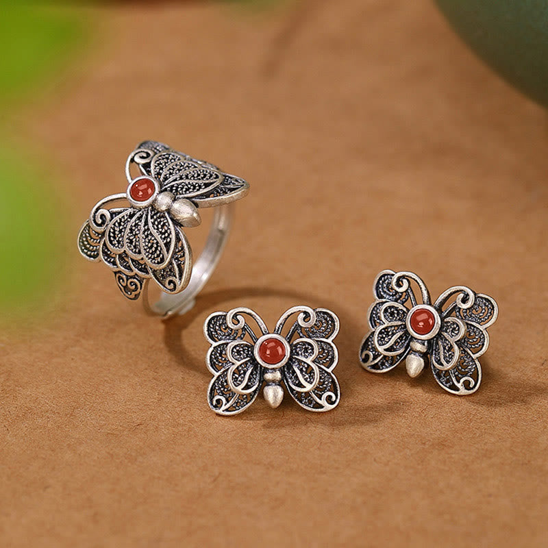 KarmaRipple's 925 Sterling Silver Red Agate Butterfly Self-acceptance Ring Earrings Set p25