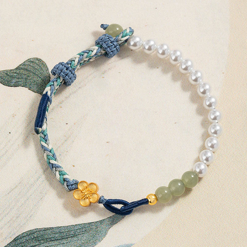 KarmaRipple's 925 Sterling Silver Hetian Jade Peach Blossom Flower Pearl Woven Fortune Bracelet p12