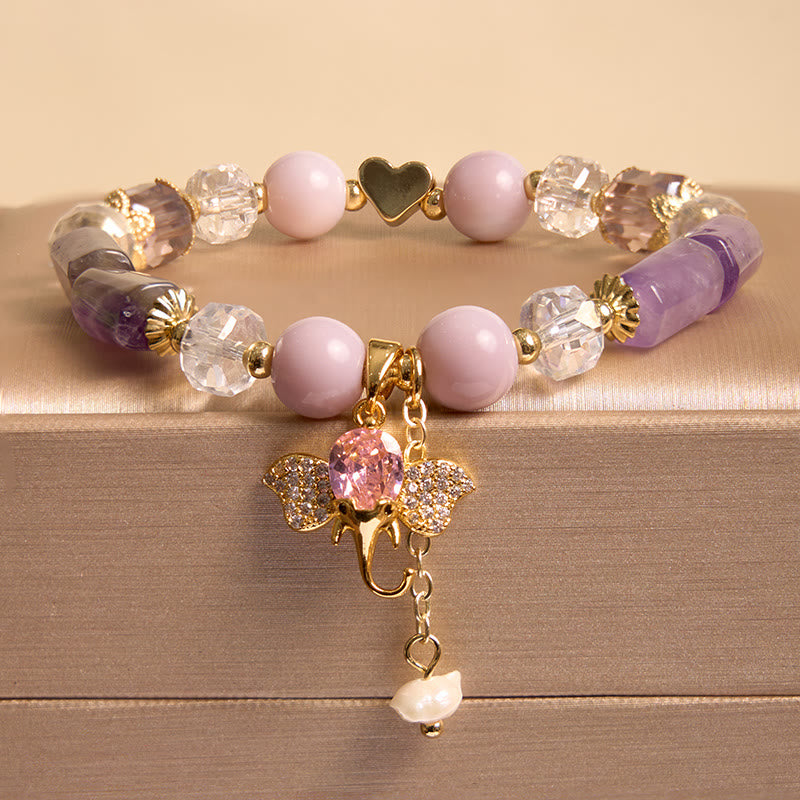KarmaRipple's Amethyst Green Aventurine Strawberry Quartz Positive Elephant Talisman Bracelet p32