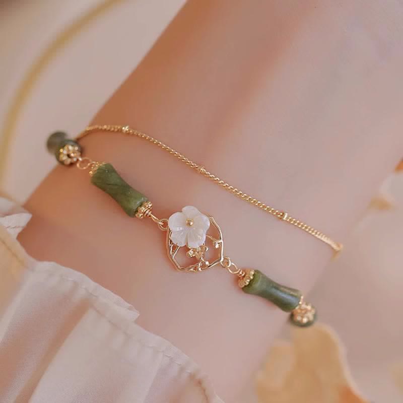 KarmaRipple's 14k Gold Plated Bronze Peridot Bamboo Flower Wealth Double Layer Bracelet p10