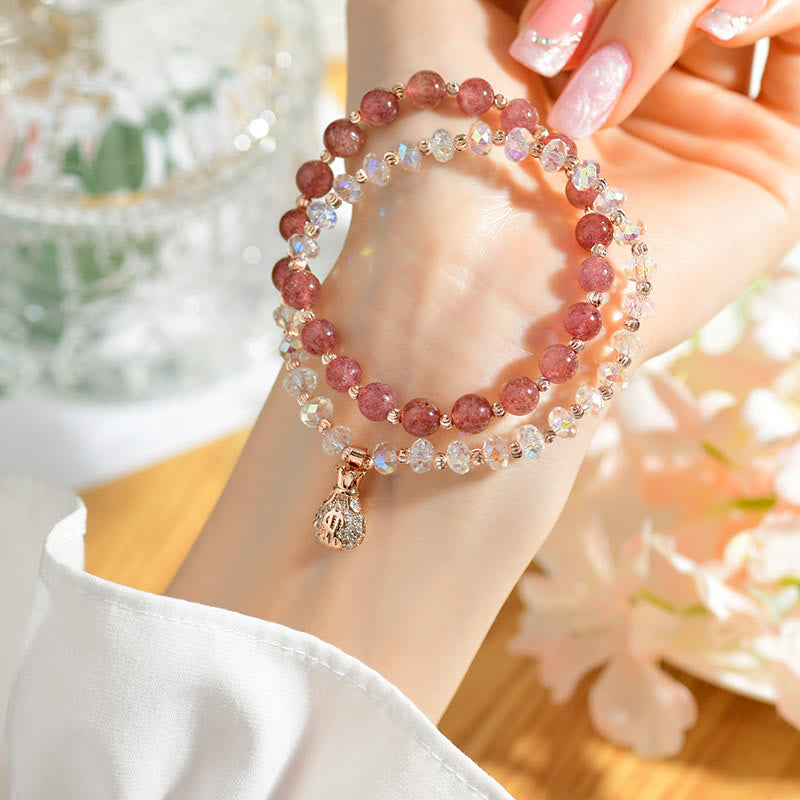KarmaRipple's Strawberry Quartz Ivory Gemstone Money Bag Talisman Positive Bracelet p16