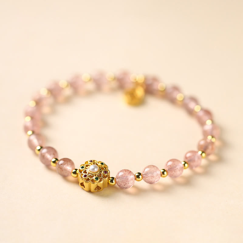 KarmaRipple's 14K Gold Plated Authentic Strawberry Quartz Labradorite Sun Stone Fu Character Positive Talisman Bracelet p21