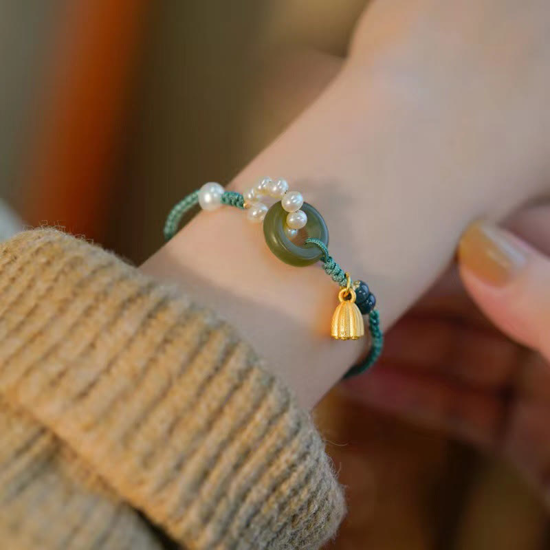 KarmaRipple's Authentic Hetian Jade Peace Buckle Pearl Fortune Handcrafted Woven Bracelet p16