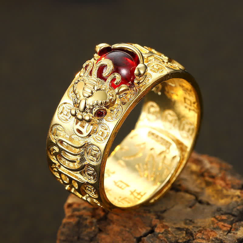 KarmaRipple's FengShui PiXiu Red Garnet Heart Sutra Wealth Ring p1