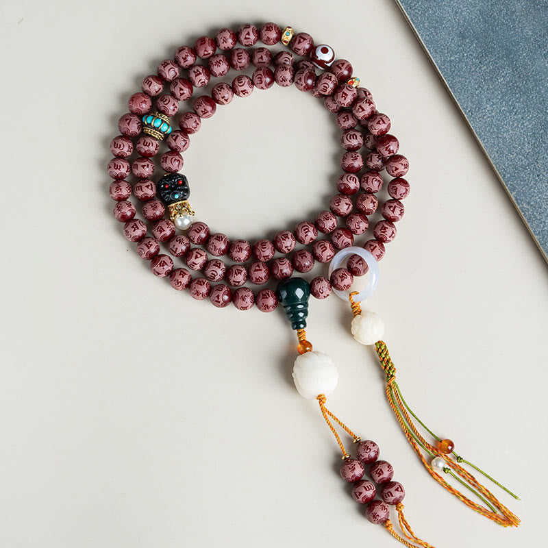 KarmaRipple's Red Bodhi Seed Om Mani Padme Hum Lotus Engraved Balance Bracelet p17