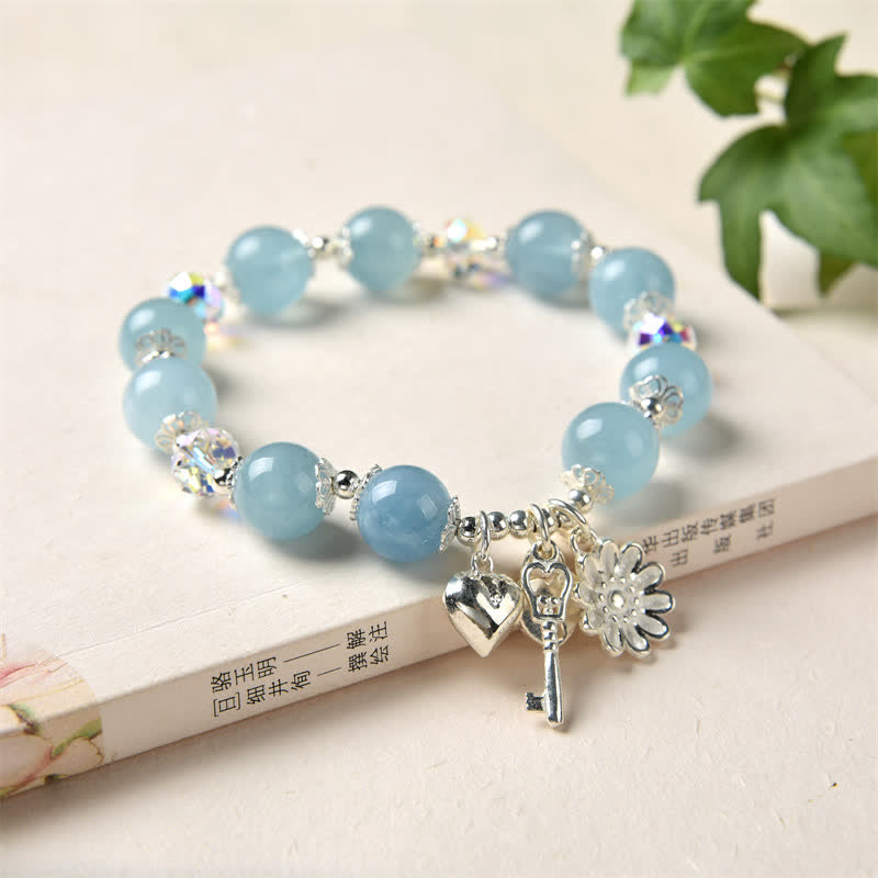 KarmaRipple's 925 Sterling Silver Authentic Aquamarine Serenity Flower Love Key Talisman Bracelet p10