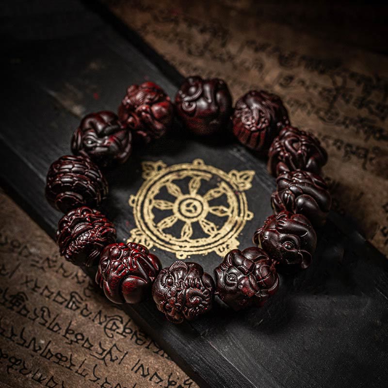 KarmaRipple's Chinese Zodiac Engraved Small Leaf Red Sandalwood Protection Bracelet p20