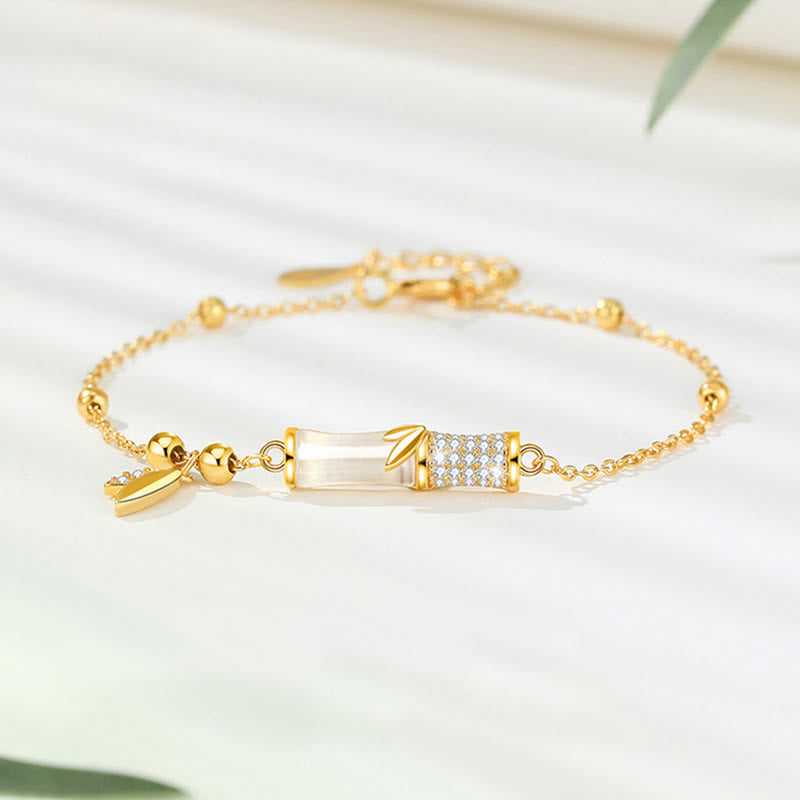 KarmaRipple's 925 Sterling Silver 18K Gold Plated Ivory Jade Bamboo Zircon Leaf Fortune Bracelet p17
