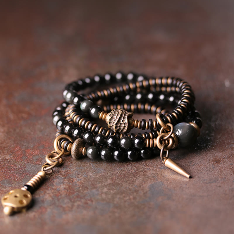KarmaRipple's Rainbow Obsidian Ebony Wood Bronze Positive Multilayer Bracelet p19