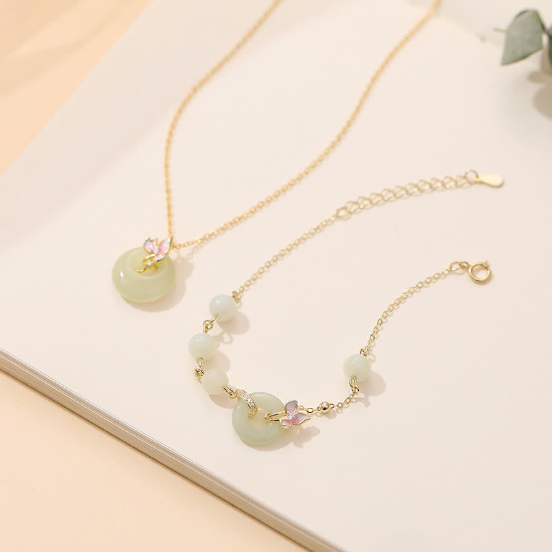 KarmaRipple's 925 Sterling Silver Authentic Hetian Jade Peace Buckle Orchid Fortune Bracelet Pendant Necklace Set p13