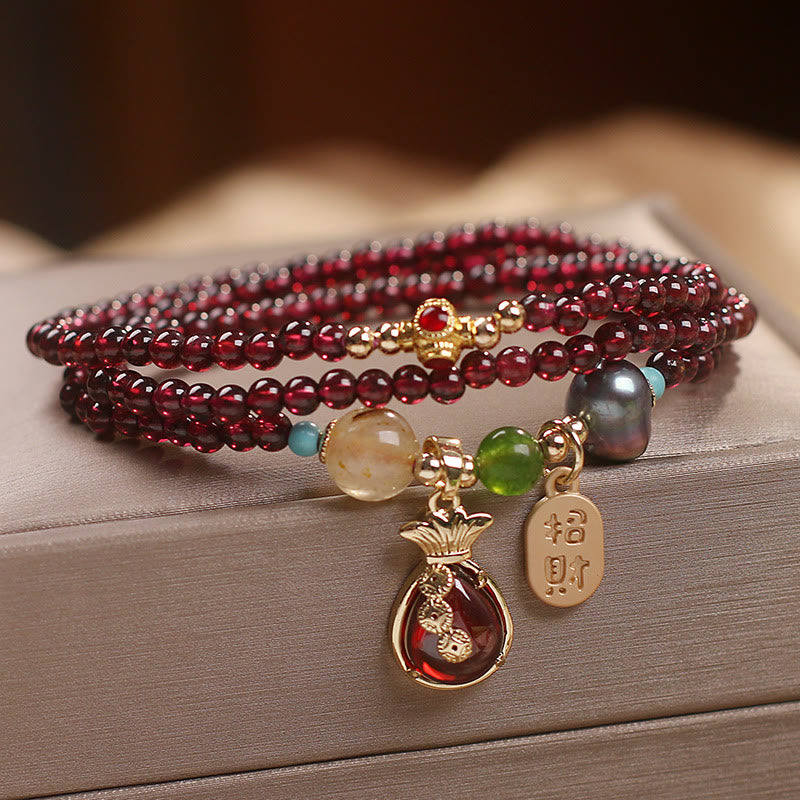 KarmaRipple's Multi Layered Authentic Garnet Jade Coin Money Bag Attracting Wealth Protection Bracelet p7