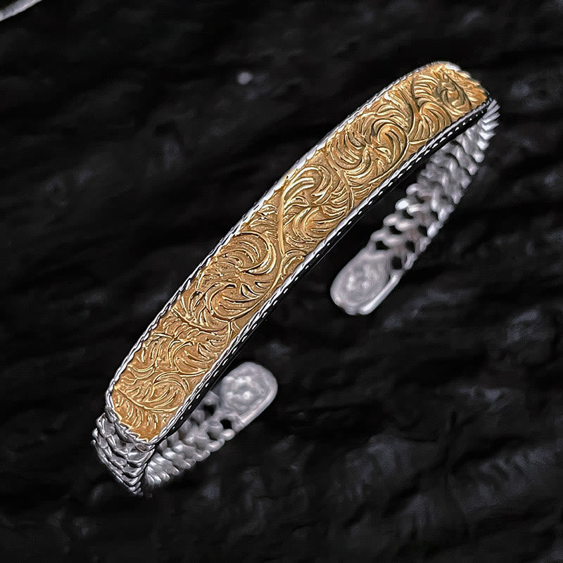 KarmaRipple's Tang Dynasty Flower Design Engraved Bronze Fortune Cuff Bracelet Bangle Adjustable Ring p10
