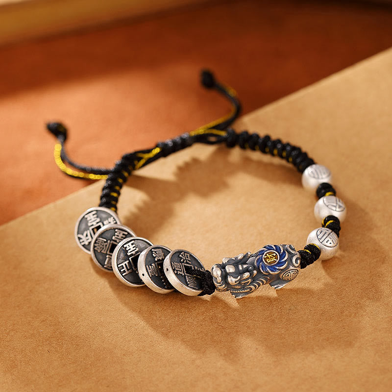 KarmaRipple's 999 Sterling Silver FengShui PiXiu Bronze Coin Fu Character Wealth Woven Bracelet p14