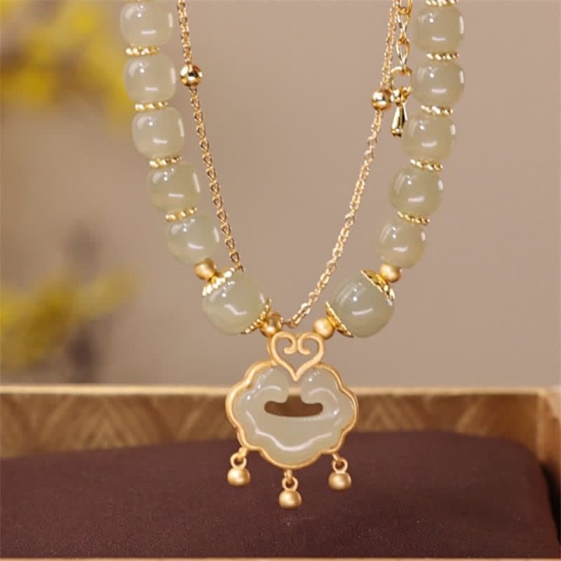 KarmaRipple's 14K Gold Plated Authentic Hetian Jade Wish Lock Bell Chain Bracelet p2