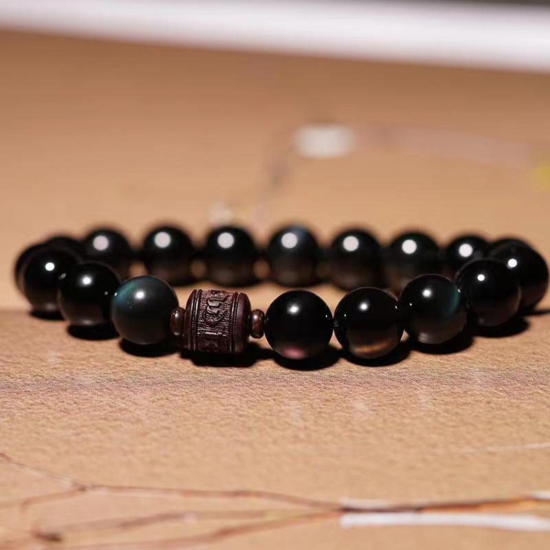 KarmaRipple's Authentic Gold Sheen Obsidian Rainbow Obsidian Om Mani Padme Hum Fu Character Balancing Bracelet p7