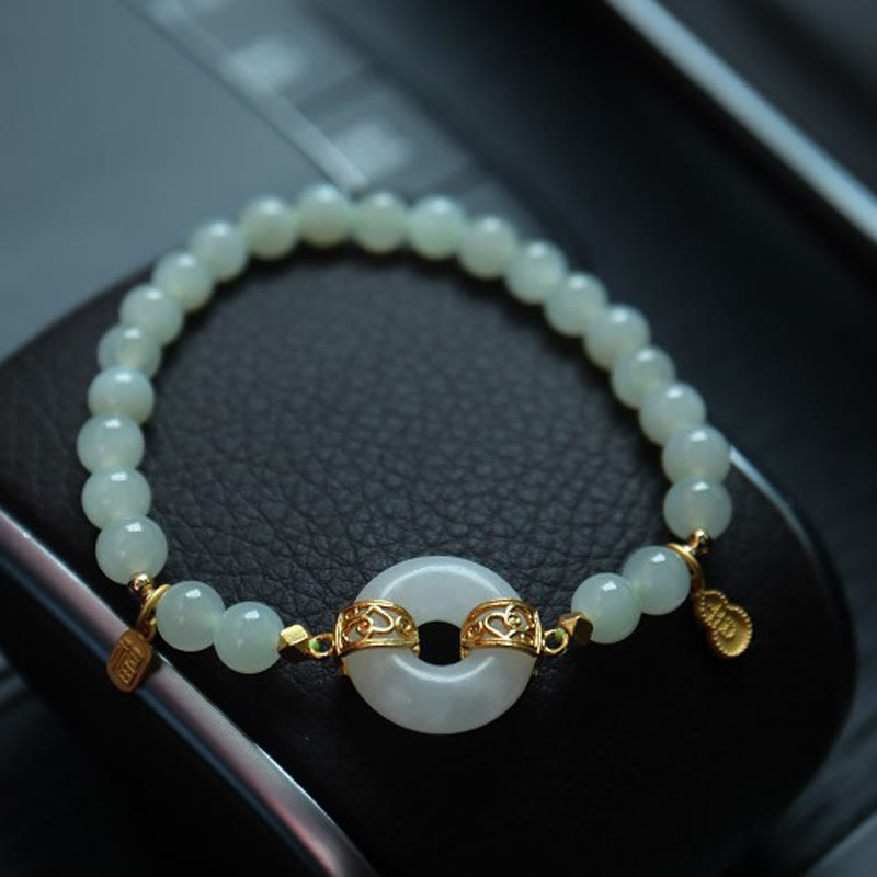 KarmaRipple's 925 Sterling Silver Plated Gold Authentic Hetian Jade Bead Gourd Lotus Bamboo Fu Character Fortune Bracelet p52