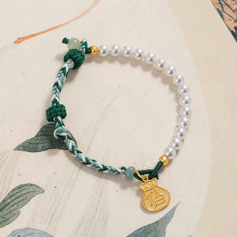 KarmaRipple's 925 Sterling Silver Fu Character Fortunate Bag Pearl Hetian Jade Wisdom Rope Bracelet p1