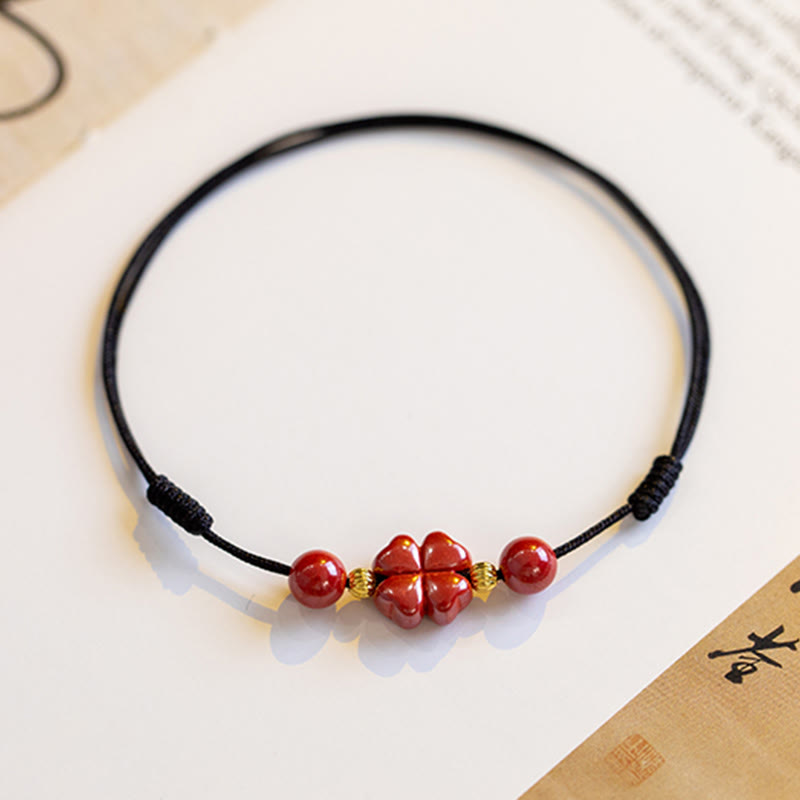 KarmaRipple's Four Leaf Clover Cinnabar Blessing Calm String Bracelet Anklet p27