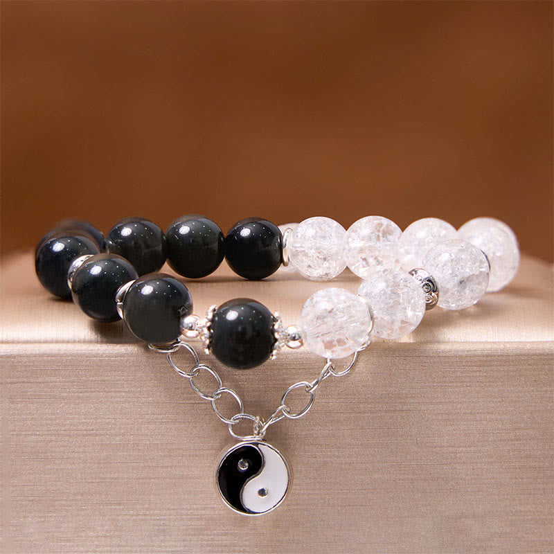 KarmaRipple's Silver Sheen Obsidian Crackle Clear Quartz Black Rutilated Quartz Yin Yang Lotus Protection Bracelet p5