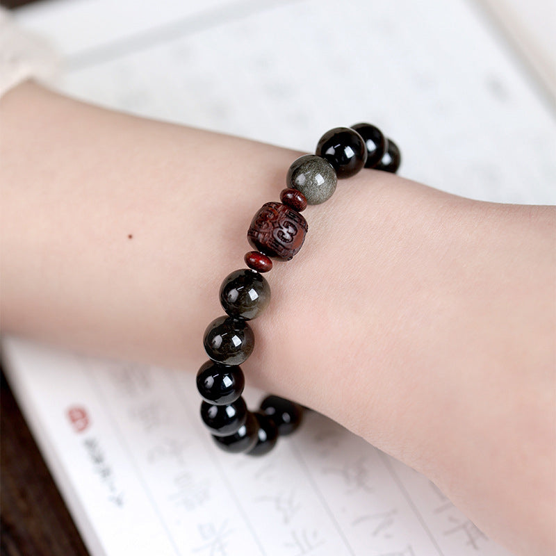 KarmaRipple's Authentic Gold Sheen Obsidian Rainbow Obsidian Om Mani Padme Hum Fu Character Balancing Bracelet p53
