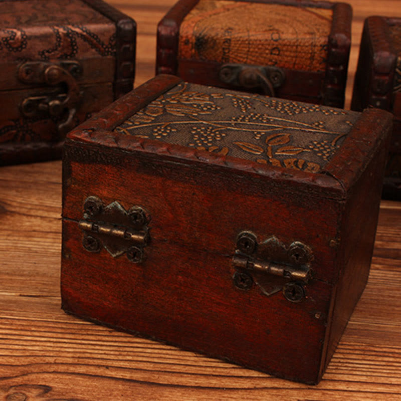 KarmaRipple's Retro Small Square Wood Jewelry Box Lotus Grass Flower Grape Bronze Coin Daffodil Jewelry Storage Box p20
