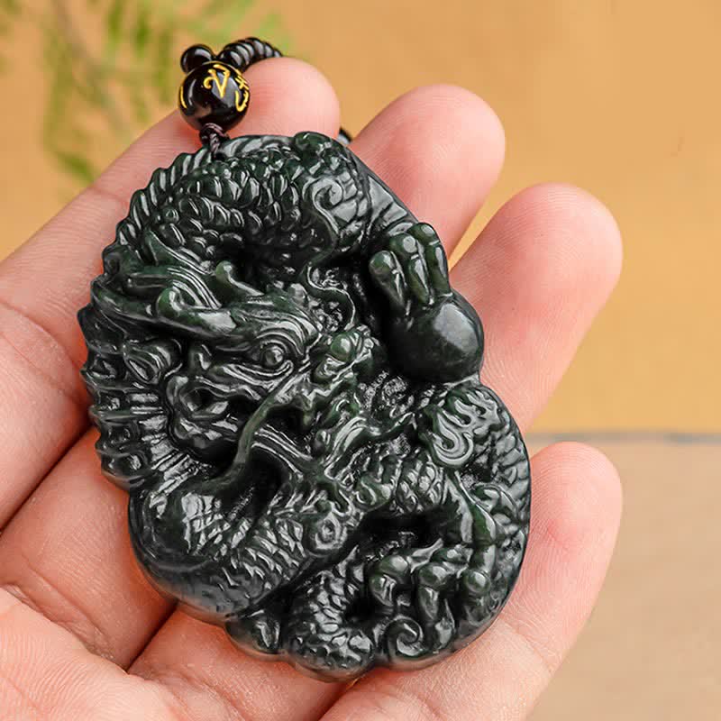 KarmaRipple's Hetian Cyan Jade Dragon Success Balance Pendant Beaded String Necklace p4