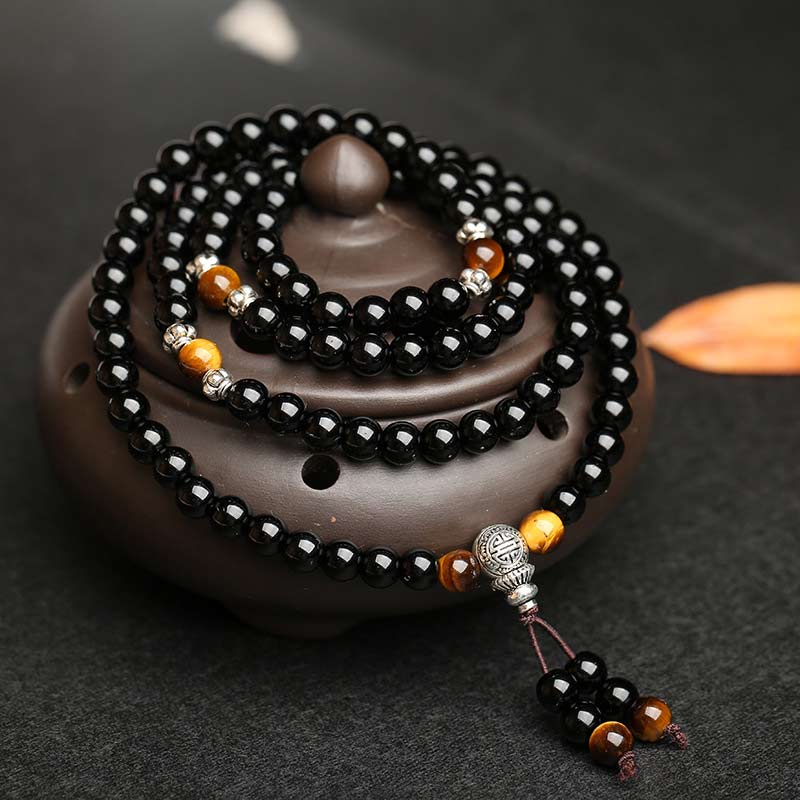KarmaRipple's Black Obsidian Tiger Eye Blessing Mala Bracelet p2