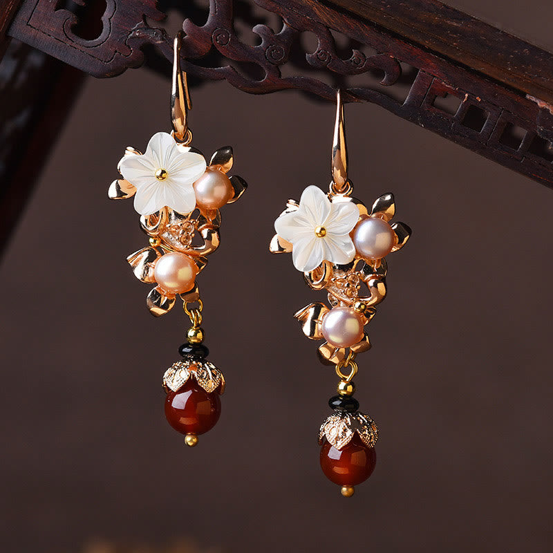 KarmaRipple's 14K Gold Plated Tridacna Stone Flower Pearl Green Aventurine Bead Drop Earrings p3