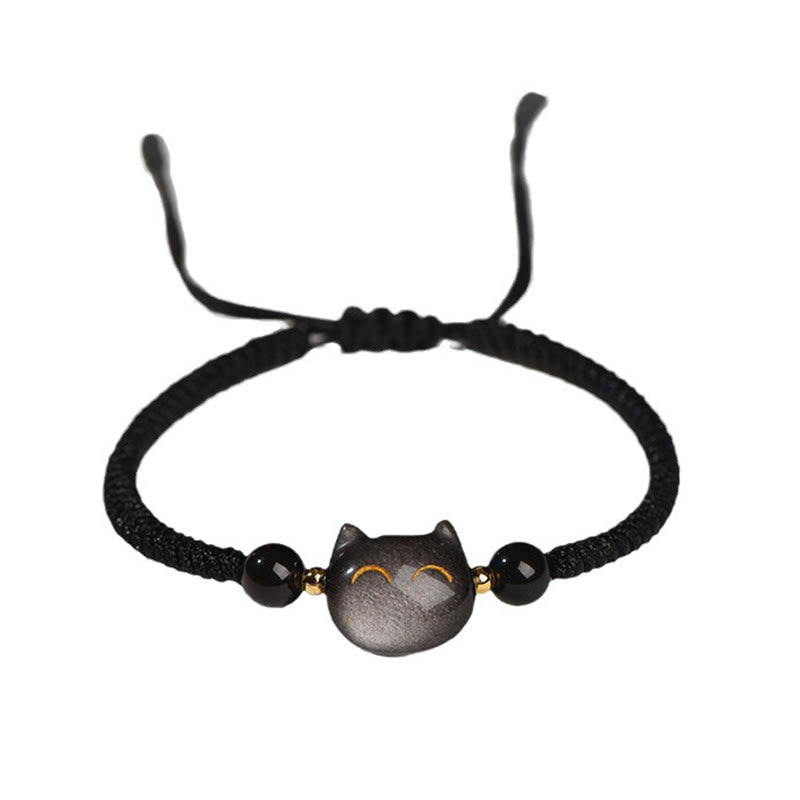 KarmaRipple's Handmade Authentic Silver Sheen Obsidian Strawberry Quartz Cute Cat Protection Woven Bracelet p8