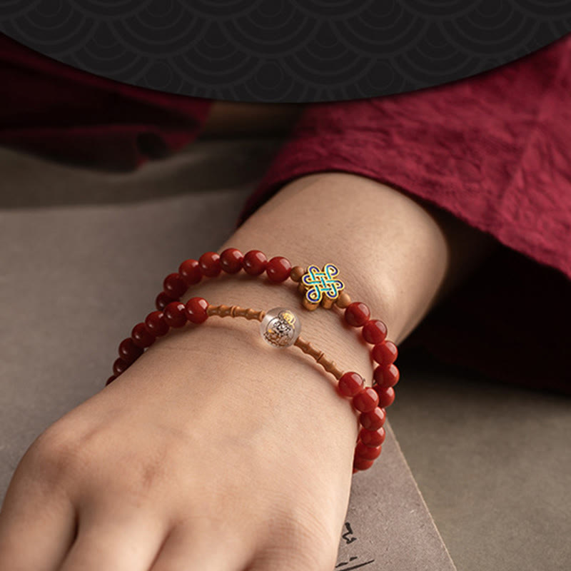 KarmaRipple's Chinese Zodiac Natal Buddha Red Agate Small Leaf Red Sandalwood Cinnabar Amulet Blessing Double Wrap Bracelet p6