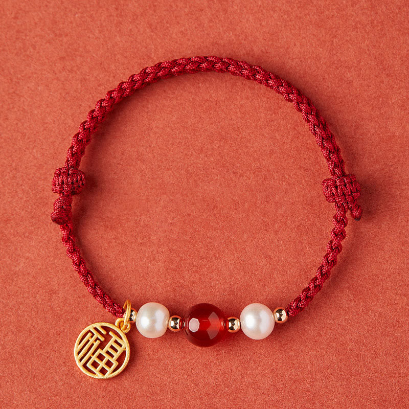KarmaRipple's 925 Sterling Silver Good Fortune Fu Character Agate Pearl Red String Braid Bracelet p2