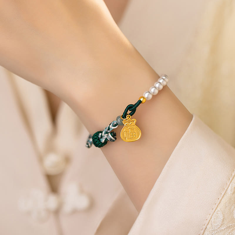 KarmaRipple's 925 Sterling Silver Fu Character Fortunate Bag Pearl Hetian Jade Wisdom Rope Bracelet p6